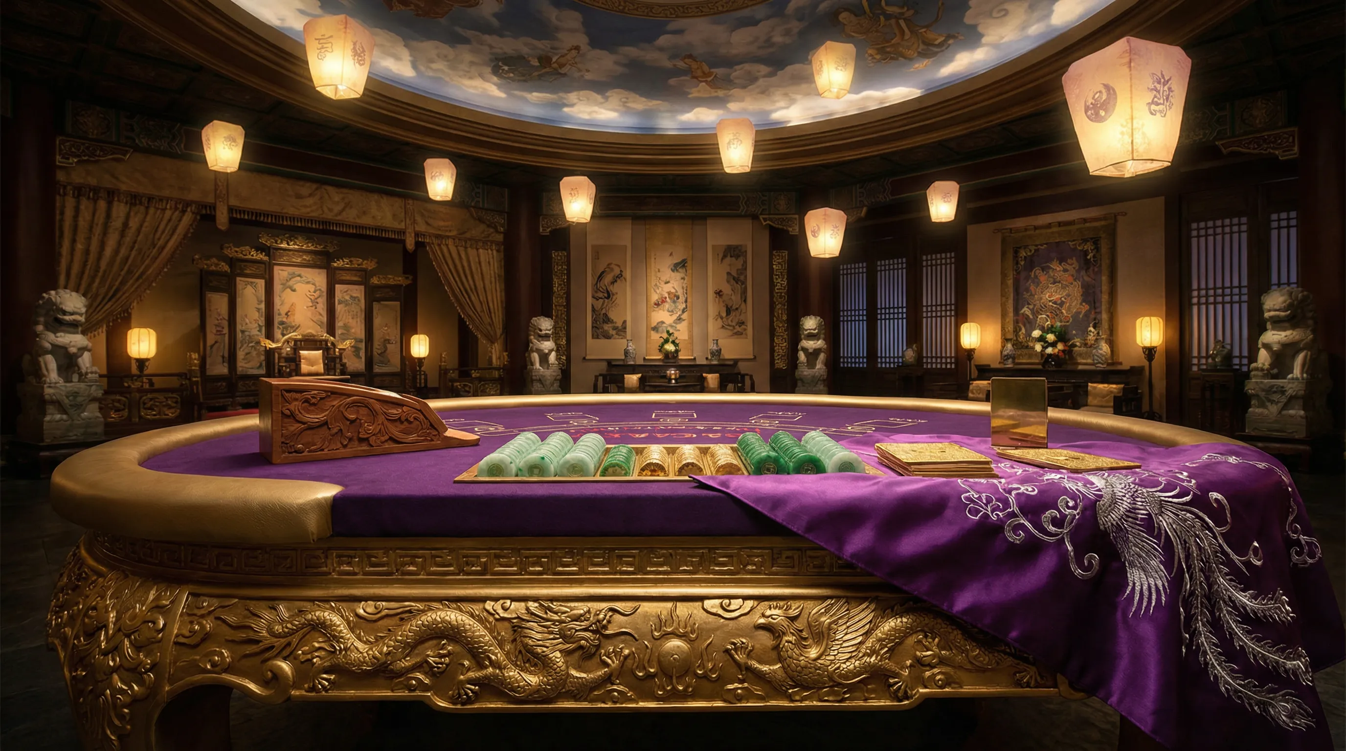 Mesa de bacará VIP com decoração de fênix e dragão